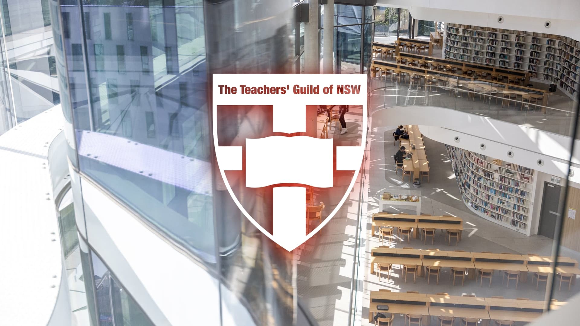 A stylised version of the Teachers Guild of NSW logo super-imposed over a photo of The University of Technology Sydney Library